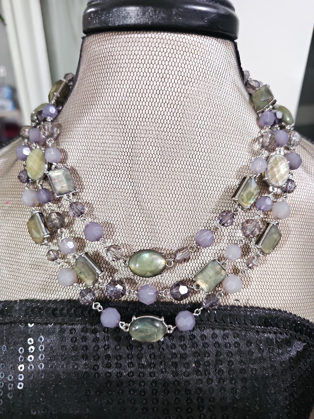 Multi-Strand Lavender and Pale Green Statement Necklace -